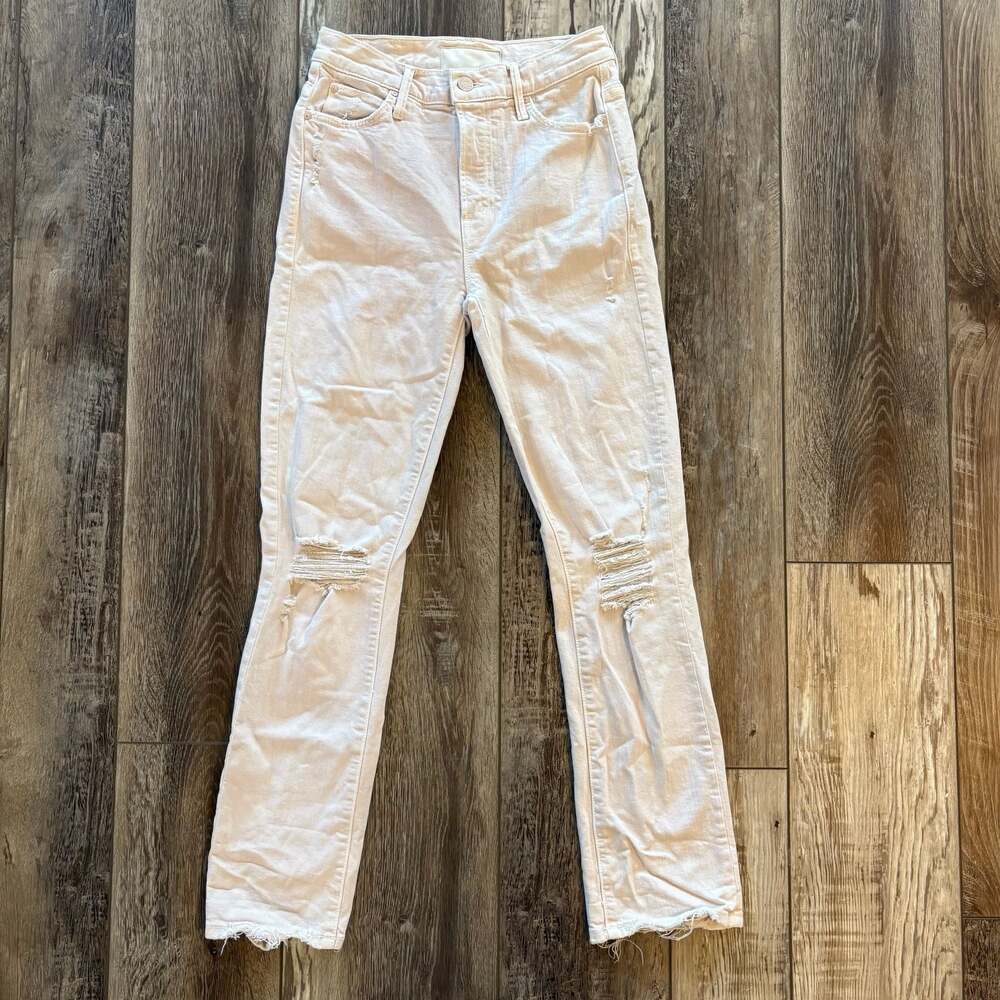 Mother The Rascal Ankle Jeans 25 High Rise Distressed Raw Hem Cream